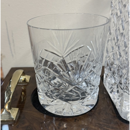 398 - A Cut glass decanter & 2 whiskey glasses on stand