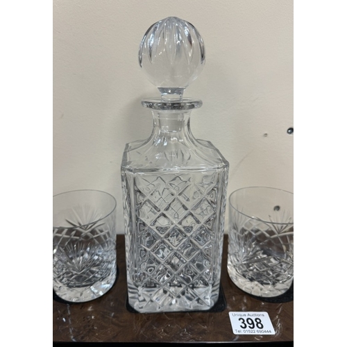 398 - A Cut glass decanter & 2 whiskey glasses on stand