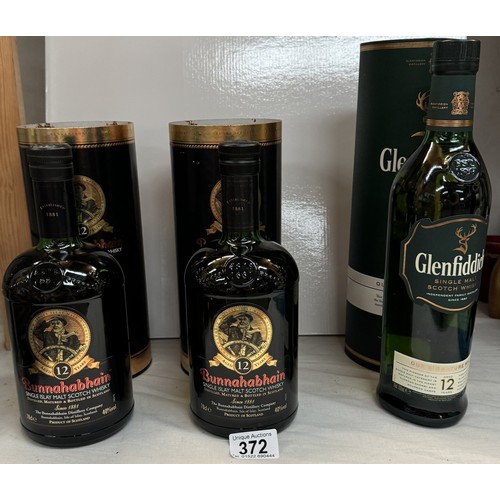 372 - 2 bottles of Bunnahabhan & 1 Glenfiddich single malt whiskey all aged 12 years COLLECT ONLY