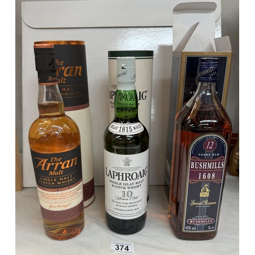 374 - A Bushmills 1608, 12 years Laphroaig Islay 10 years & The Arran single malt whiskey COLLECT ONLY