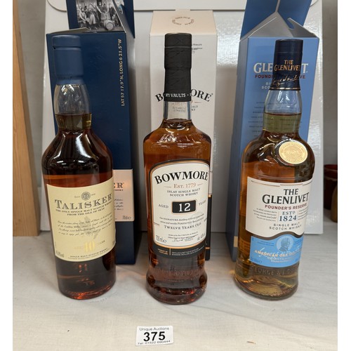 375 - 3 bottles of whiskey, Bowmore 12 years, Talisker 10 years & The Glenlivet COLLECT ONLY