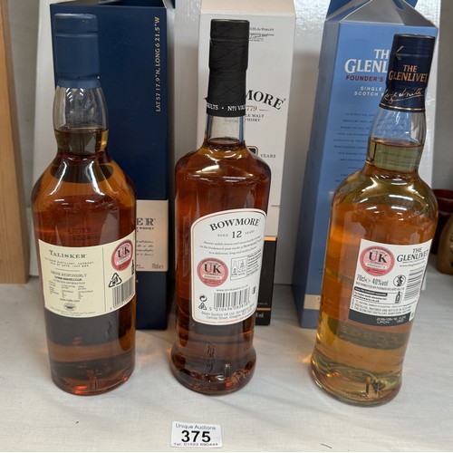 375 - 3 bottles of whiskey, Bowmore 12 years, Talisker 10 years & The Glenlivet COLLECT ONLY