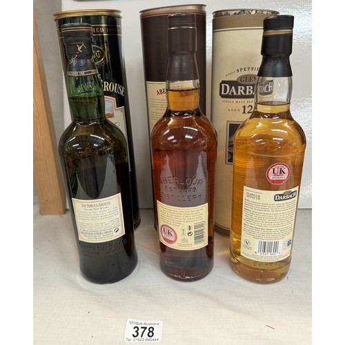 378 - 3 bottles of whiskey including Aberlour 10 years, Glen Darbach 12 years & The Famous Grouse vintage ... 