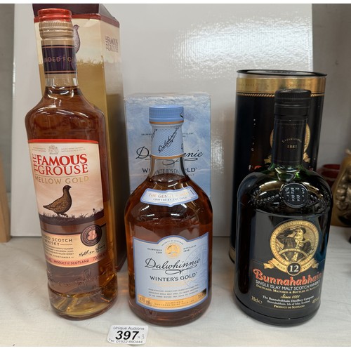 397 - 3 bottles of Scotch whiskey, A famous Grouse mellow gold, A Dalwhinnie winters gold & a Bunnahabhan ... 