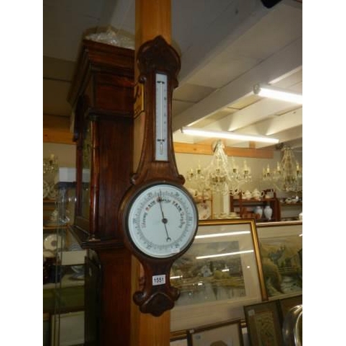 1551 - An Edwardian oak banjo aneroid barometer with porcelain dial, COLLECT ONLY.