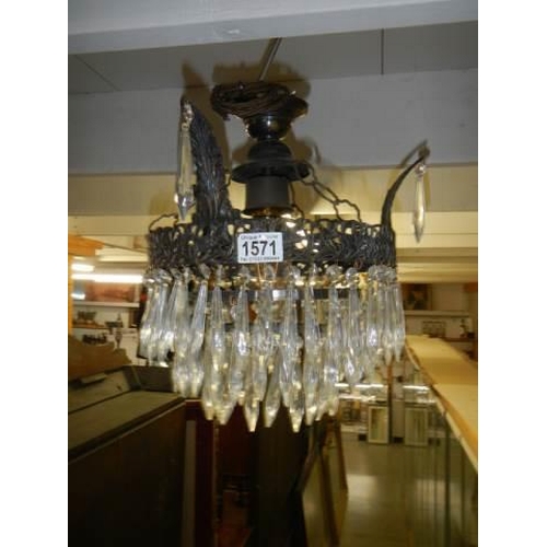 1571 - A good mid 20th century brass framed hall chandelier. COLLECT ONLY