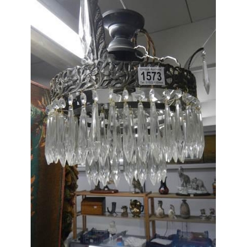 1573 - A good mid 20th century brass framed hall chandelier. COLLECT ONLY