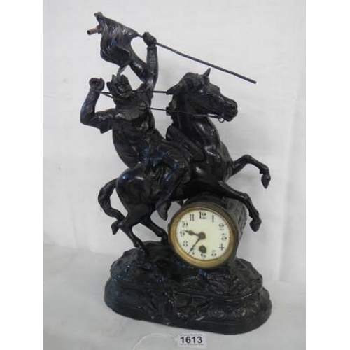 1613 - A tall French spelter mantel clock, 46 cm tall. COLLECT ONLY