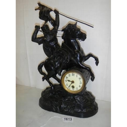 1613 - A tall French spelter mantel clock, 46 cm tall. COLLECT ONLY