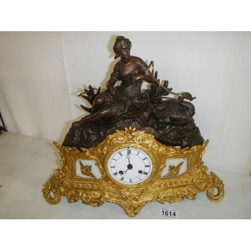 1614 - A good bronze and spelter mantel clock with silk suspension. COLLECT ONLY