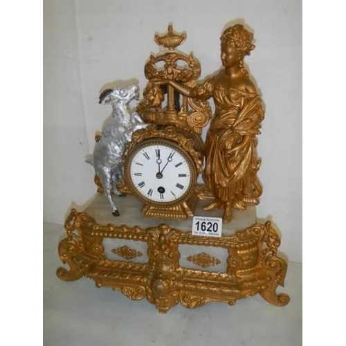 1620 - A good old spelter mantel clock complete with key and pendulum. COLLECT ONLY