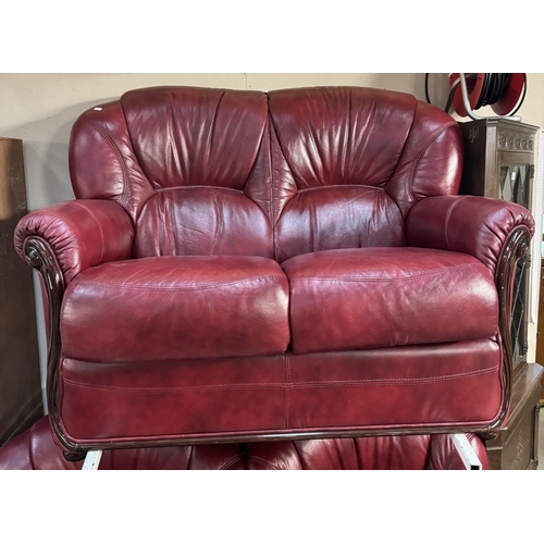 447 - A deep red leather 2 seater settee 3 piece suite COLLECT ONLY