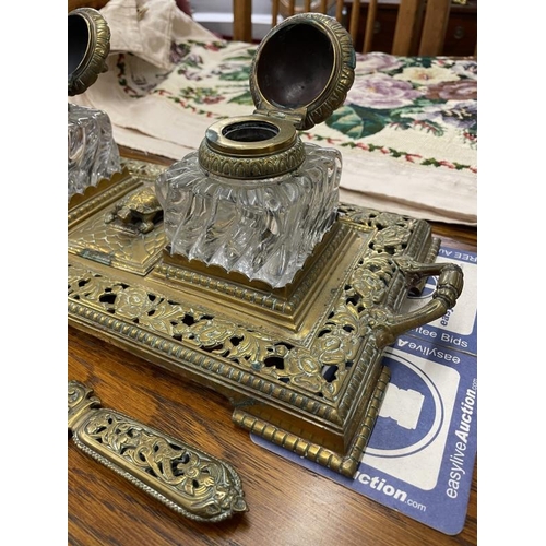 1630C - A 19th C Brass inkwell with Tortoise decorative stamp  box and letter opener