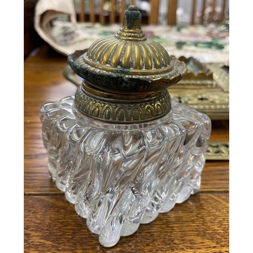 1630C - A 19th C Brass inkwell with Tortoise decorative stamp  box and letter opener