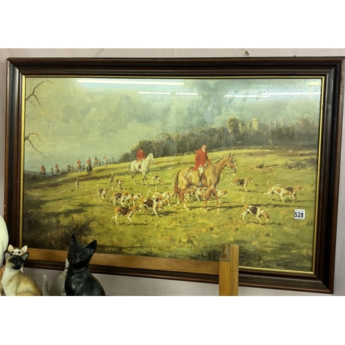 528 - A large vintage print of a hunt/hunting scene with Beagles & horses COLLECT ONLY