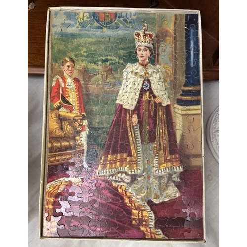 548 - A vintage wooden jigsaw of Queen Elizabeth II, 1953 Coronation