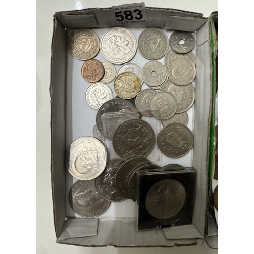 583 - 2 trays of mixed coins including penny, half penny & Churchill coins etc.