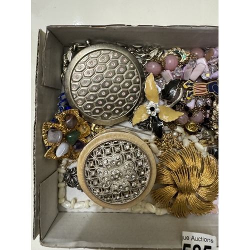 585 - A quantity of costume jewellery. compact & trinket box etc.