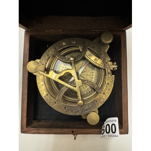 600 - A brass marine sundial in hard wood box