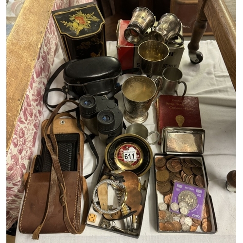 611 - A mixed lot including camera's, silver plate, coins & watches etc.