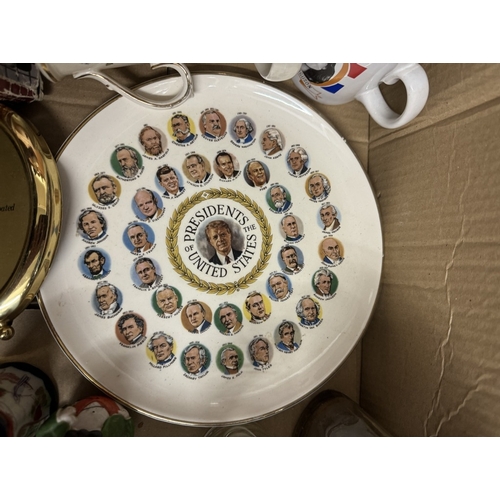 631 - A quantity of miscellaneous including vintage cruets, Presidents of the US plate, Commemorative mugs... 