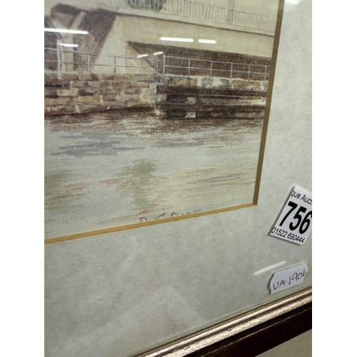 756 - A framed print of Lincoln Cathedral overlooking the Brayford