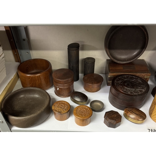 768 - A good selection of wooden trinket, lidded pots etc