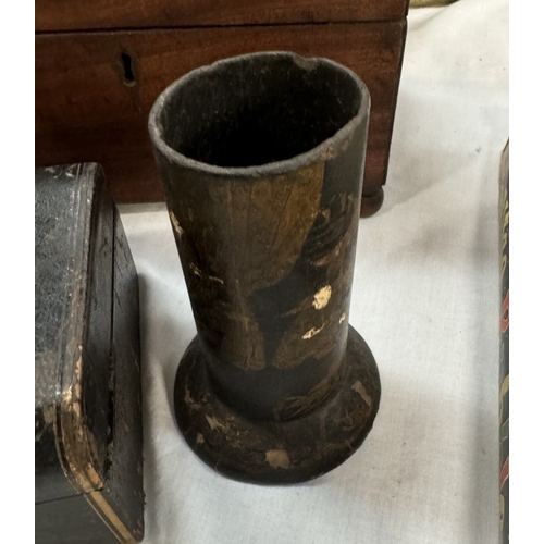 1079 - A mahogany veneered sarcophagus box, One other & A Chinese lacquered painted brass pot