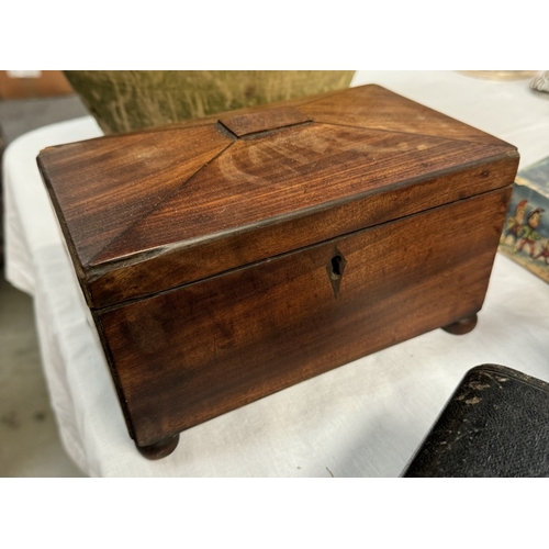 1079 - A mahogany veneered sarcophagus box, One other & A Chinese lacquered painted brass pot