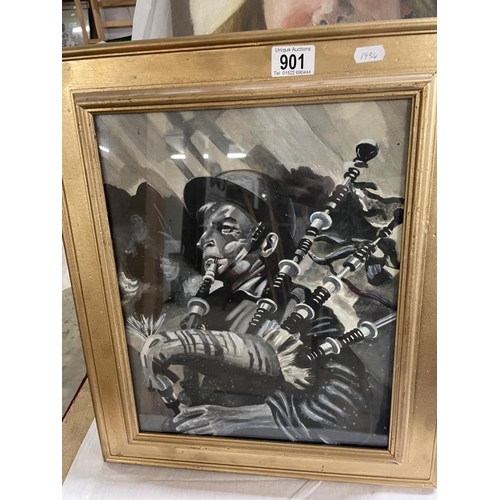 901 - A good framed and glazed watercolour of a Scottish piper and a black & white photo of a Scottish reg... 