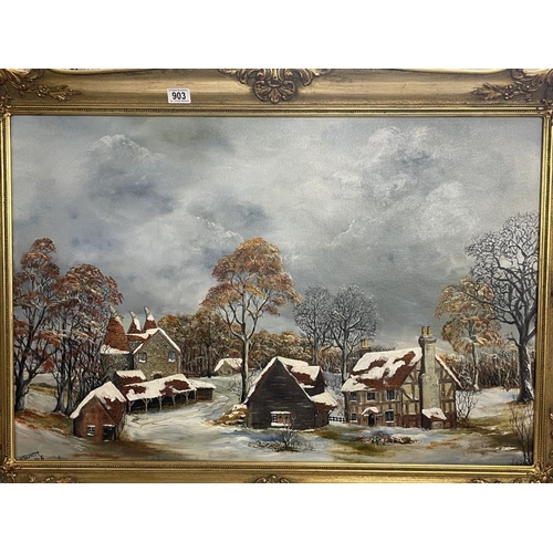 903 - A signed acrylic on canvas of country snow scene, image 60cm x 90.3cm, frame 75.5cm x 106cm COLLECT ... 