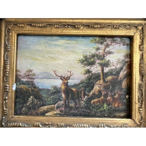 909 - A gilded framed picture depicting stags in the country, image 12cm x 16.7cm, frame 25cm x 30cm