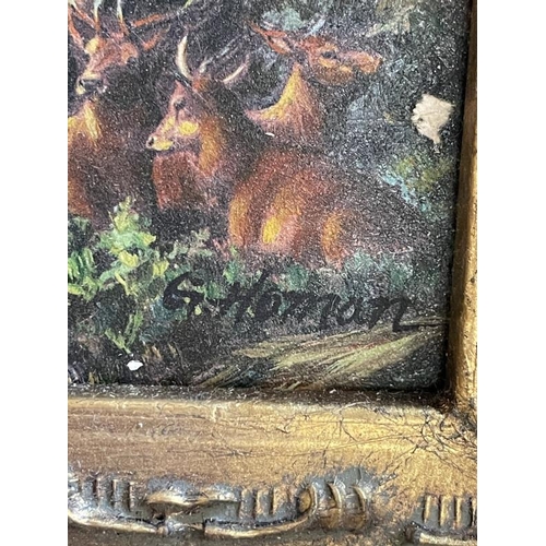 909 - A gilded framed picture depicting stags in the country, image 12cm x 16.7cm, frame 25cm x 30cm