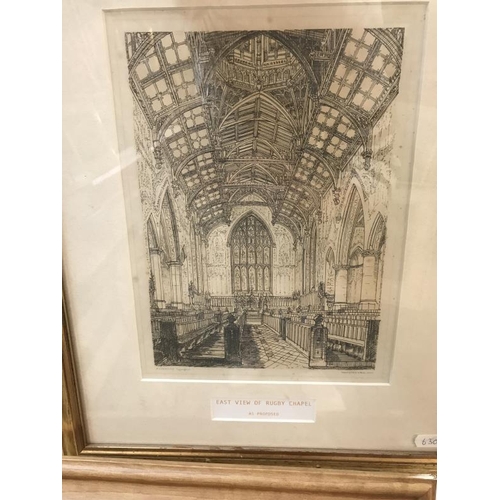 930 - 2 framed & glazed sketches of inside East View Rugby Chapel & South West view of Rugby chapel, print... 