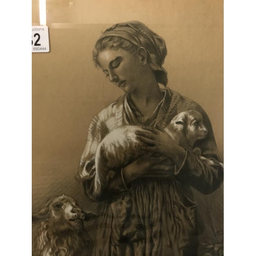 932 - A charcoal drawing of a lady carrying a lamb with a mother sheep next to her, signed E.A. Brombley