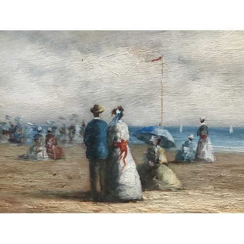 936 - An oil on board of a Victorian painting at the seaside facing away, image 19.5cm x 24.5cm, frame 25.... 