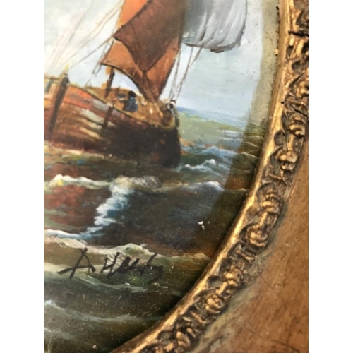 940 - A picture of boats on the ocean, signed but indistinct, image 75.5cm x 23cm, frame 16.5cm x 11.5cm