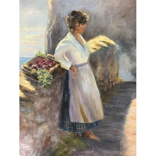 941 - An oil on canvas lady leaning against a wall with a basket, image 37.3cm x 47.7cm, frame 47.5cm x 73... 