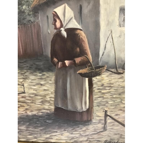 942 - A framed oil on canvas of an elderly lady with basket signed Arling Gade