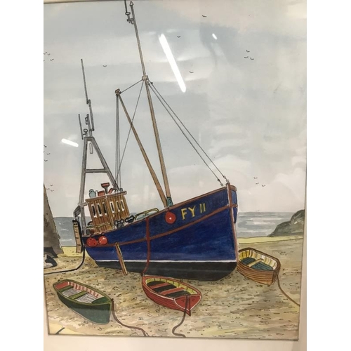 950 - 2 framed & glazed pictures of boats in a harbour