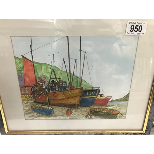 950 - 2 framed & glazed pictures of boats in a harbour