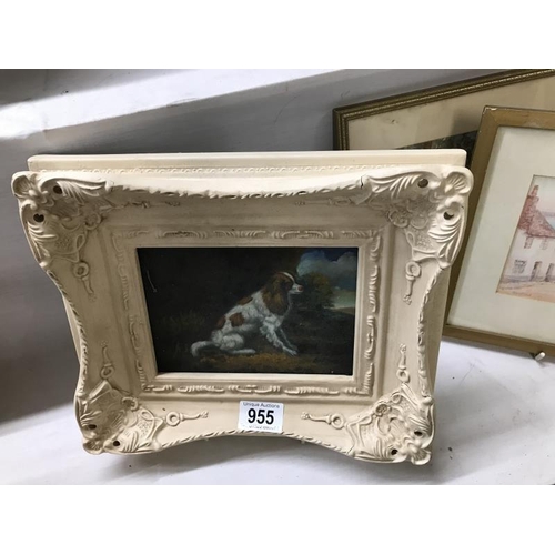 955 - A 20th century painted framed picture of a dog