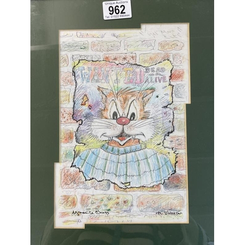 962 - 2 framed & glazed pictures of cats, original illustrations, Anna Dinkeser