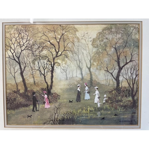 963 - A framed & glazed print by Helen Bradley, figures in garden