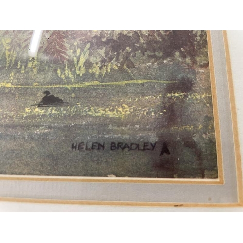 963 - A framed & glazed print by Helen Bradley, figures in garden