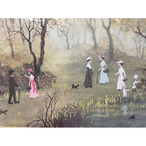 963 - A framed & glazed print by Helen Bradley, figures in garden