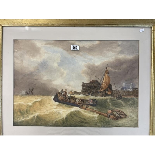 969 - A large gilded framed & glazed watercolour of a ship wreck