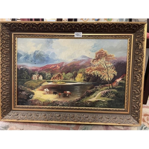 1000 - An oil on canvas of cattle by a river