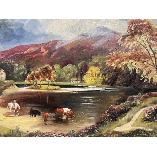 1000 - An oil on canvas of cattle by a river