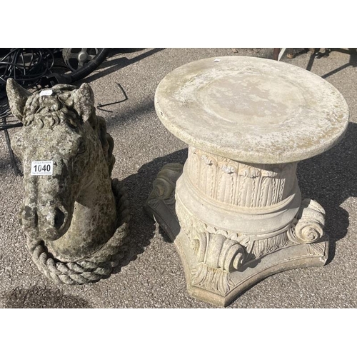 1040 - A quantity of Garden ornaments, horse heads and pillar stands